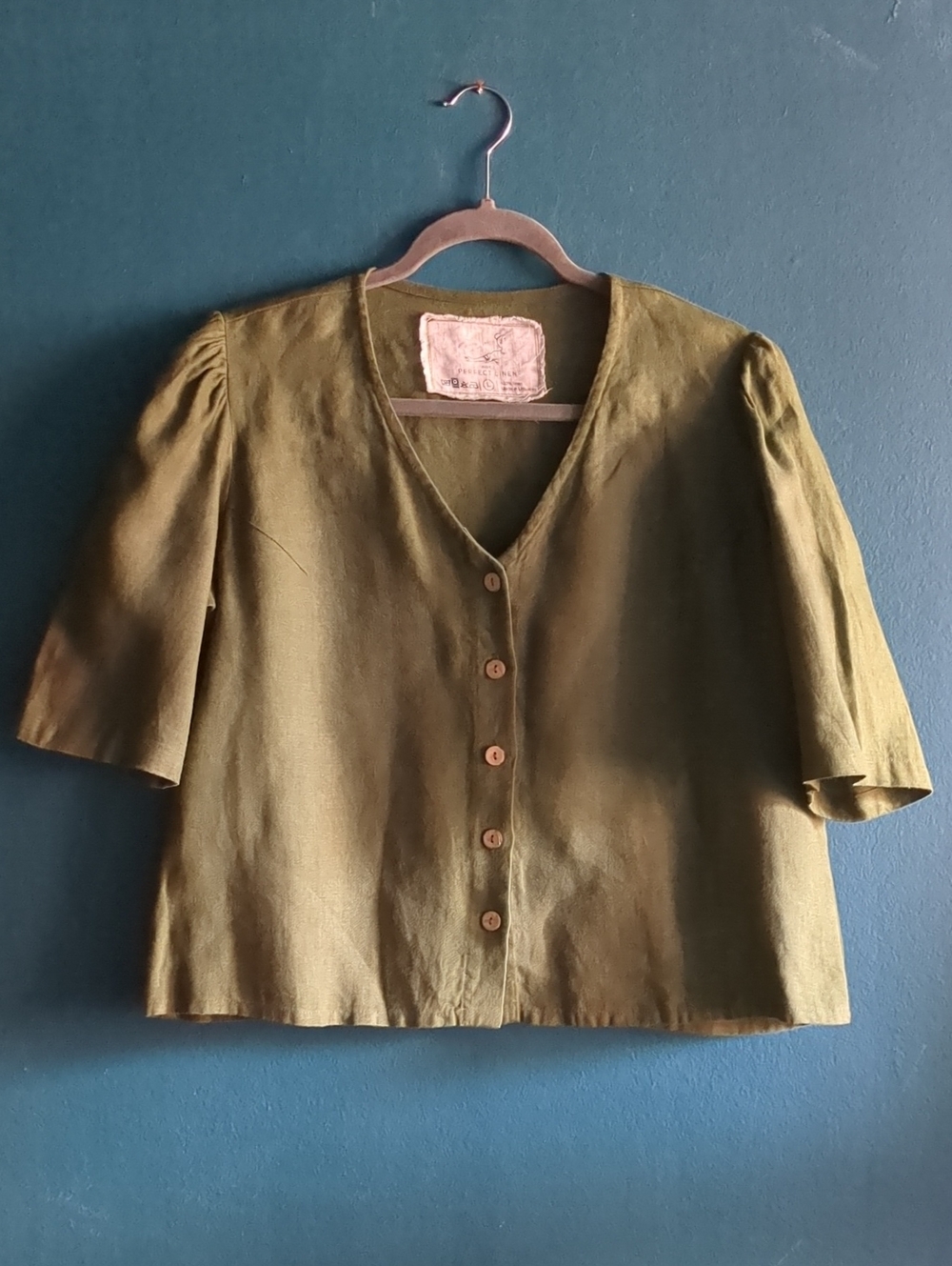 notPERFECTLINEN 100% Linen V-Neck Juniper Green Button-Front Women’s Top Isla